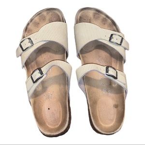 Birki’s Tan & White  Stripe Leather Sandals Size 9
